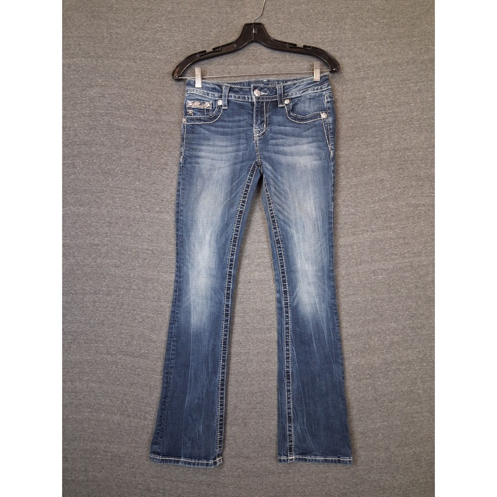 Miss Me Women Jeans 26 Blue Denim Slim Boot Cut Feather Embellished Thick Stitch
